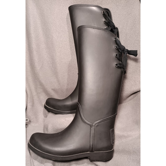 Coach Shoes - Coach Tristee Matte Black Rubber Mid‑Calf Rain Boots Laced Back Detail US 9B